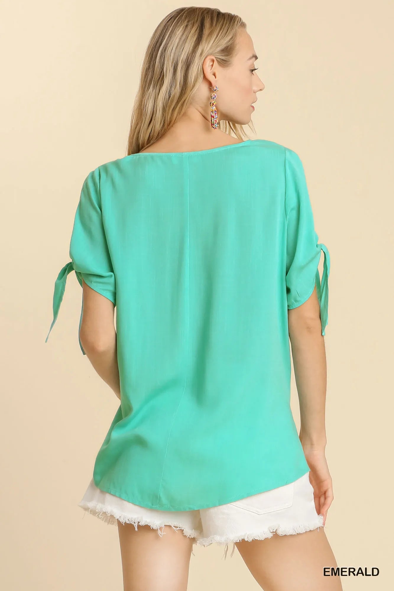 Umgee Cold Shoulder Short Sleeve Round Neck Top with Side Slits and Tie-able Knot Details Tops