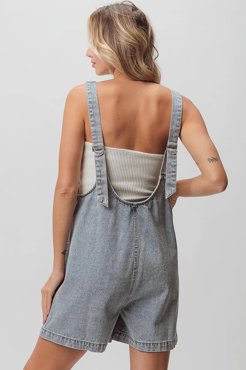 BiBi Patch vintage washed denim shortall with light-wash overalls and beige tank