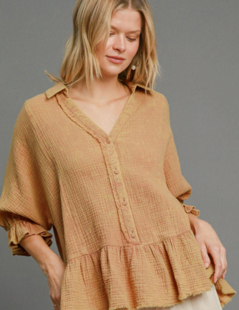 LATTE XL Umgee Full Size Mineral Washed Cotton Gauze Top Plus Size | Tops Daverri Fashions