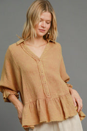 LATTE XL Umgee Full Size Mineral Washed Cotton Gauze Top Plus Size | Tops Daverri Fashions