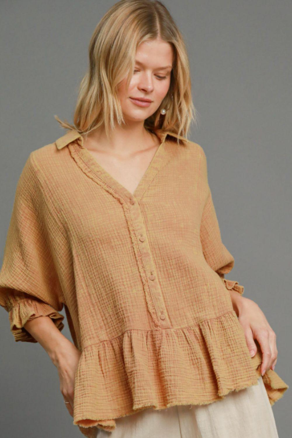 Umgee Full Size Mineral Washed Cotton Gauze Top Plus Size LATTE XL Tops