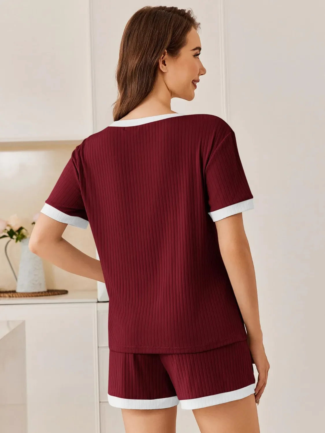 Burgundy ribbed Daverri Fashions pajama top and shorts set with white trim