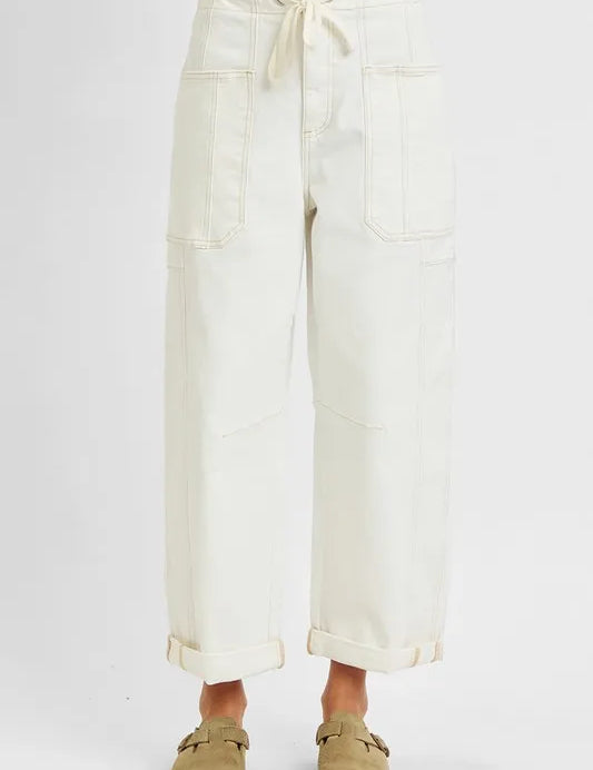 Cream RISEN Full Size High Rise Crop Wide Barrel Cargo Pocket Jeans Plus Size | Cargo Jeans Daverri Fashions