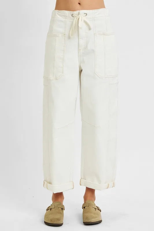 RISEN Full Size High Rise Crop Wide Barrel Cargo Pocket Jeans Plus Size Cream Cargo Jeans