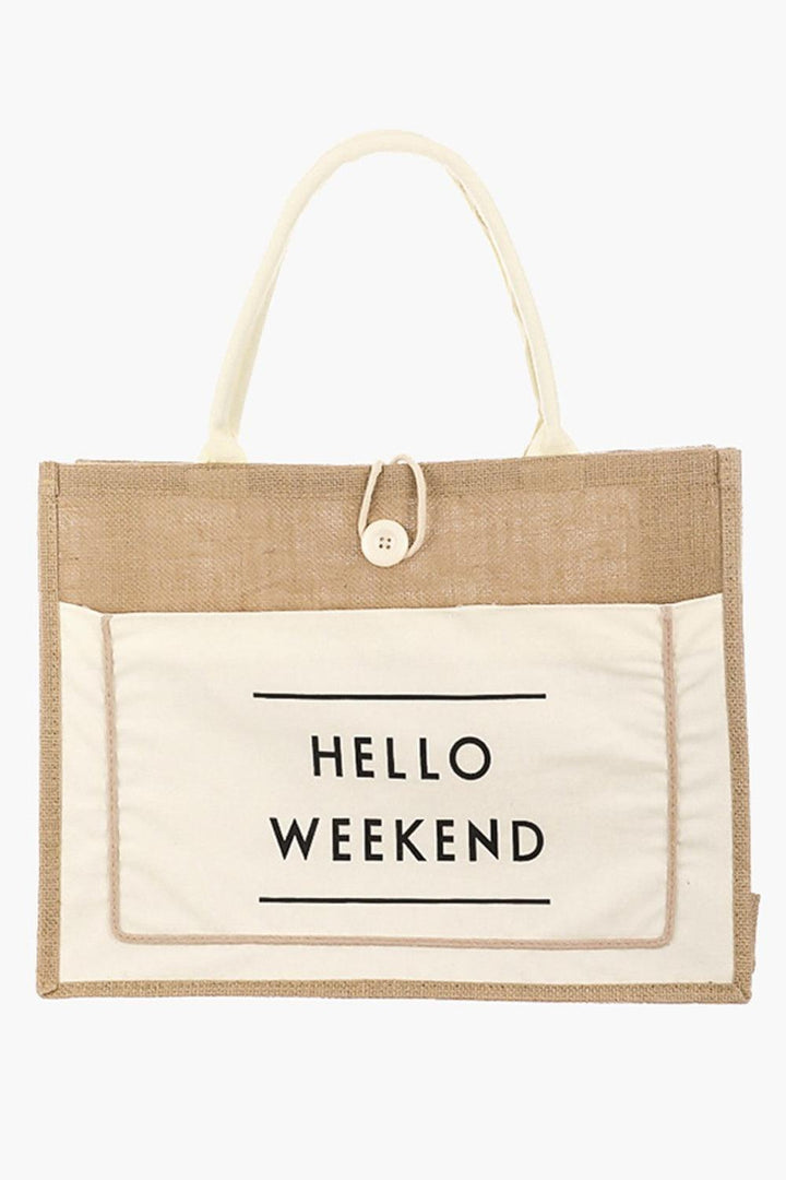 Hello Weekend Burlap Tote Bag Ivory One Size Handbags