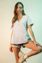 VERY J Striped V-Neck Short Sleeve T-Shirt | T-Shirts Daverri Fashions