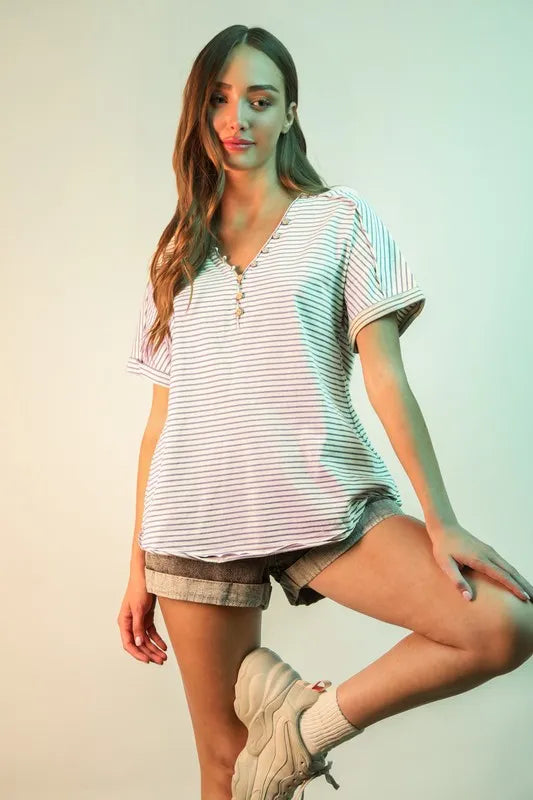 VERY J Striped V-Neck Short Sleeve T-Shirt T-Shirts