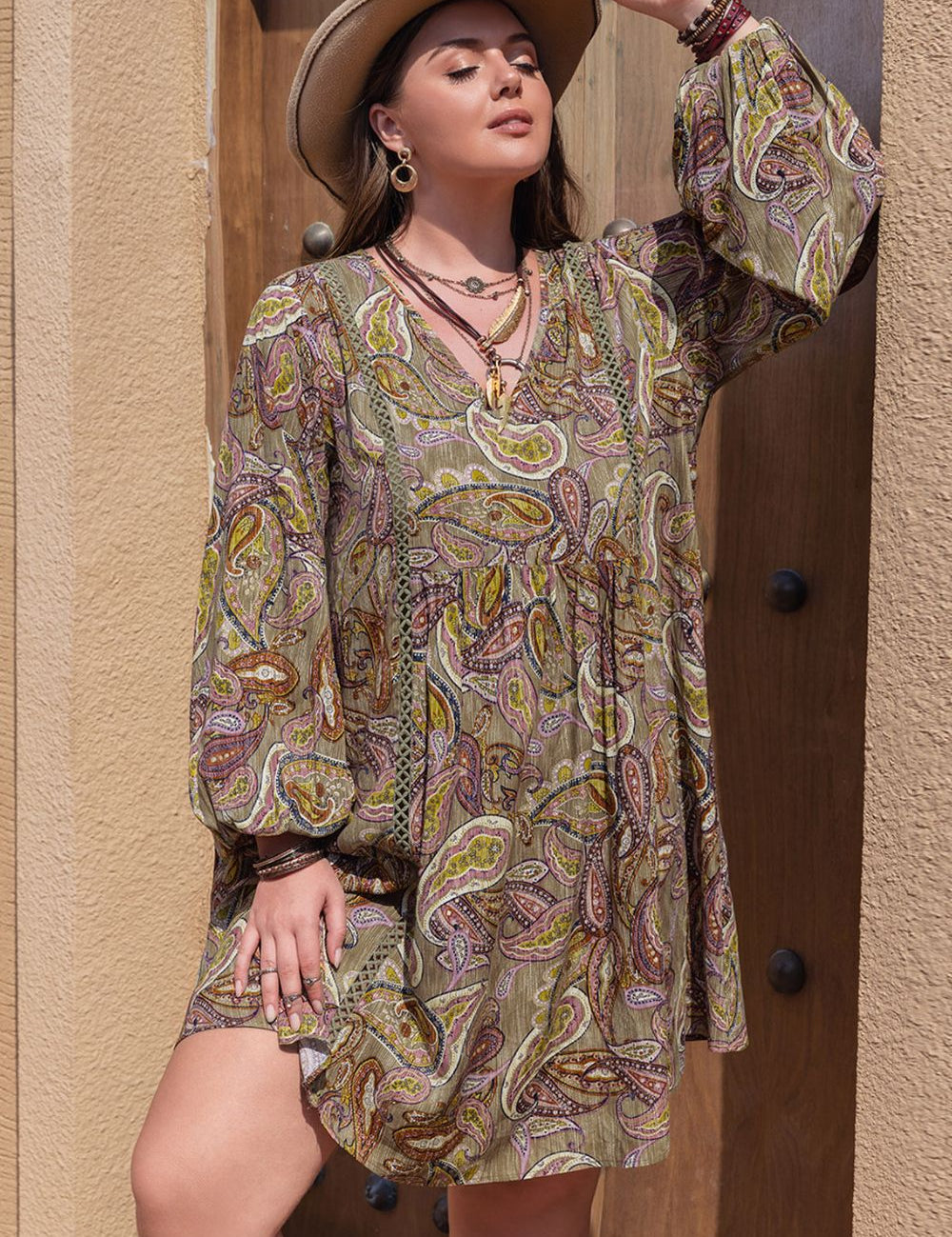 Camel Plus Size Printed V-Neck Long Sleeve Midi Dress | Mini Dresses Daverri Fashions