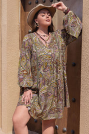 Camel Plus Size Printed V-Neck Long Sleeve Midi Dress | Mini Dresses Daverri Fashions