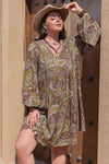 Plus Size Printed V-Neck Long Sleeve Midi Dress - DAVERRI FASHIONS