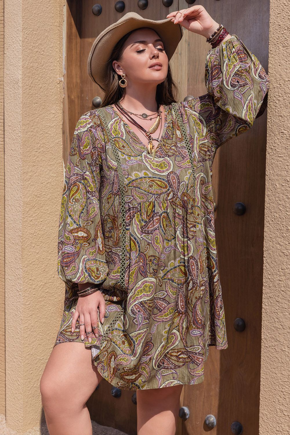 Camel Plus Size Printed V-Neck Long Sleeve Midi Dress | Mini Dresses Daverri Fashions