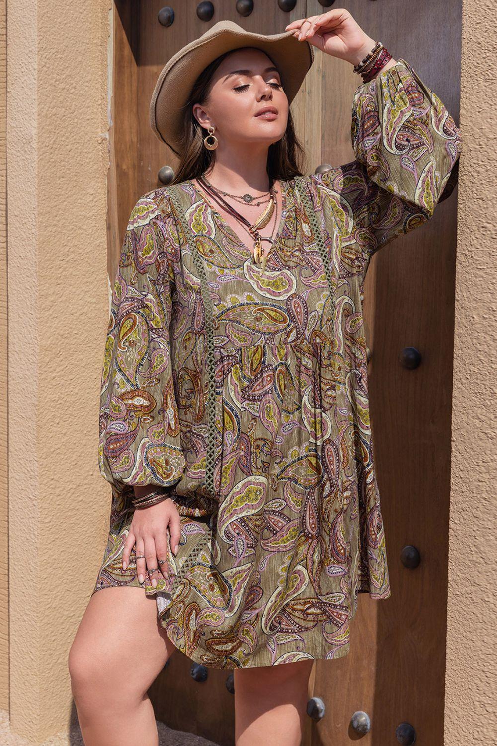 Plus Size Printed V-Neck Long Sleeve Midi Dress - DAVERRI FASHIONS