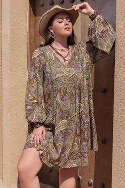 Plus Size Printed V-Neck Long Sleeve Midi Dress - DAVERRI FASHIONS