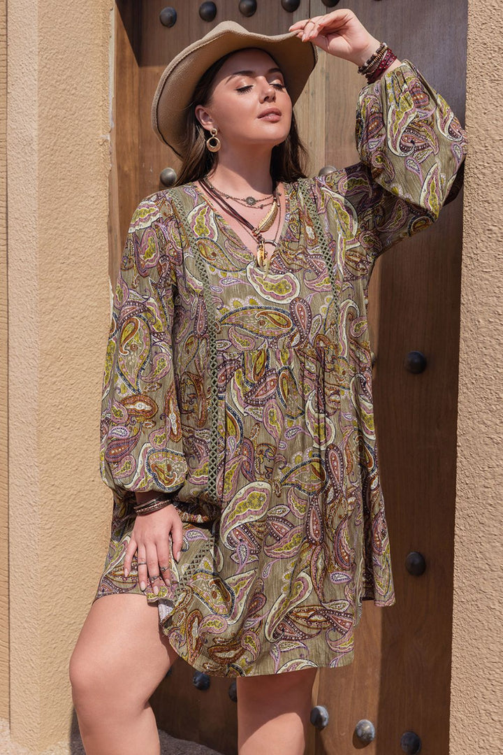 Camel Plus Size Printed V-Neck Long Sleeve Midi Dress | Mini Dresses Daverri Fashions
