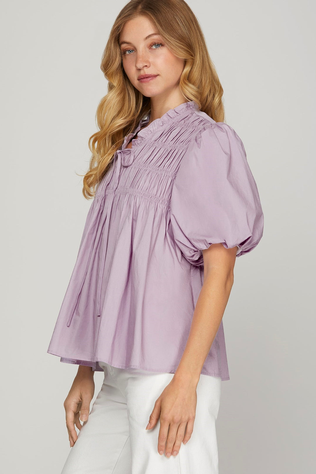 She + Sky Smocked Front Puff Sleeve Woven Blouse Blouses