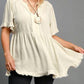 Umgee Full Size Raw Hem Notched Babydoll Linen Blouse Plus Size Blouses