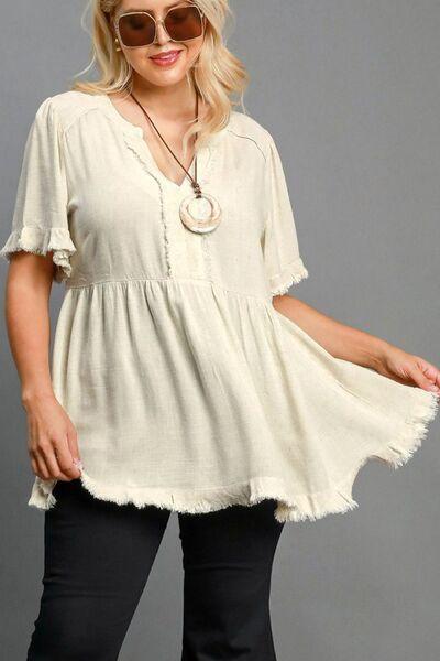 Umgee Full Size Raw Hem Notched Babydoll Linen Blouse Plus Size Blouses