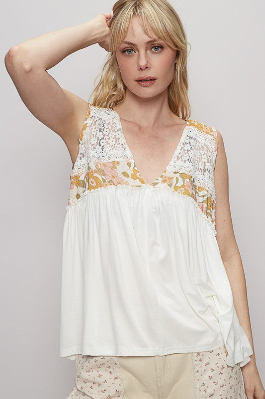 POL Lace Detail Frill Floral V-Neck Sleeveless Top