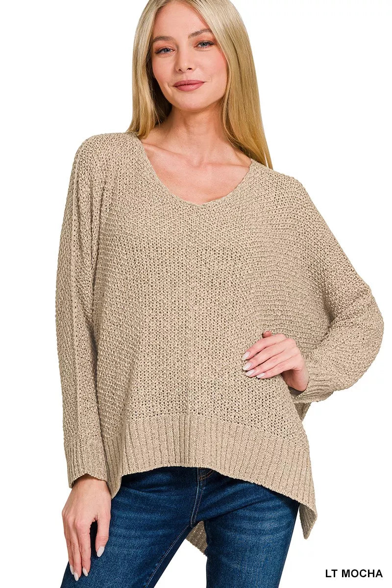 LT MOCHA Zenana Dolman Sleeve V-Neck Sweater | Daverri Fashions