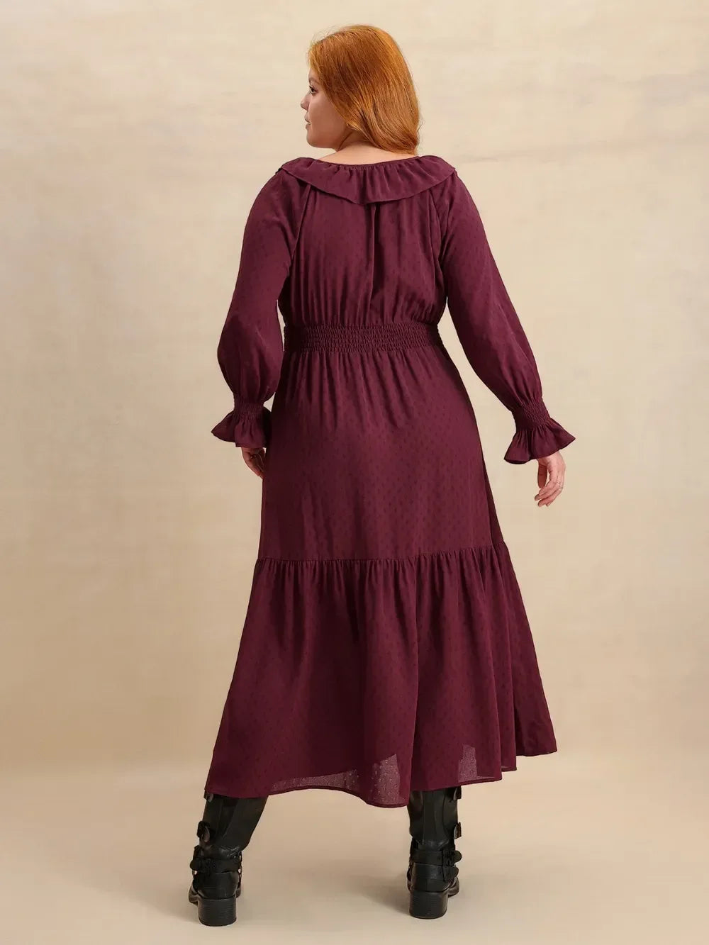 Plus Size Swiss Dot Tie Neck Flounce Sleeve Maxi Dress - DAVERRI FASHIONS
