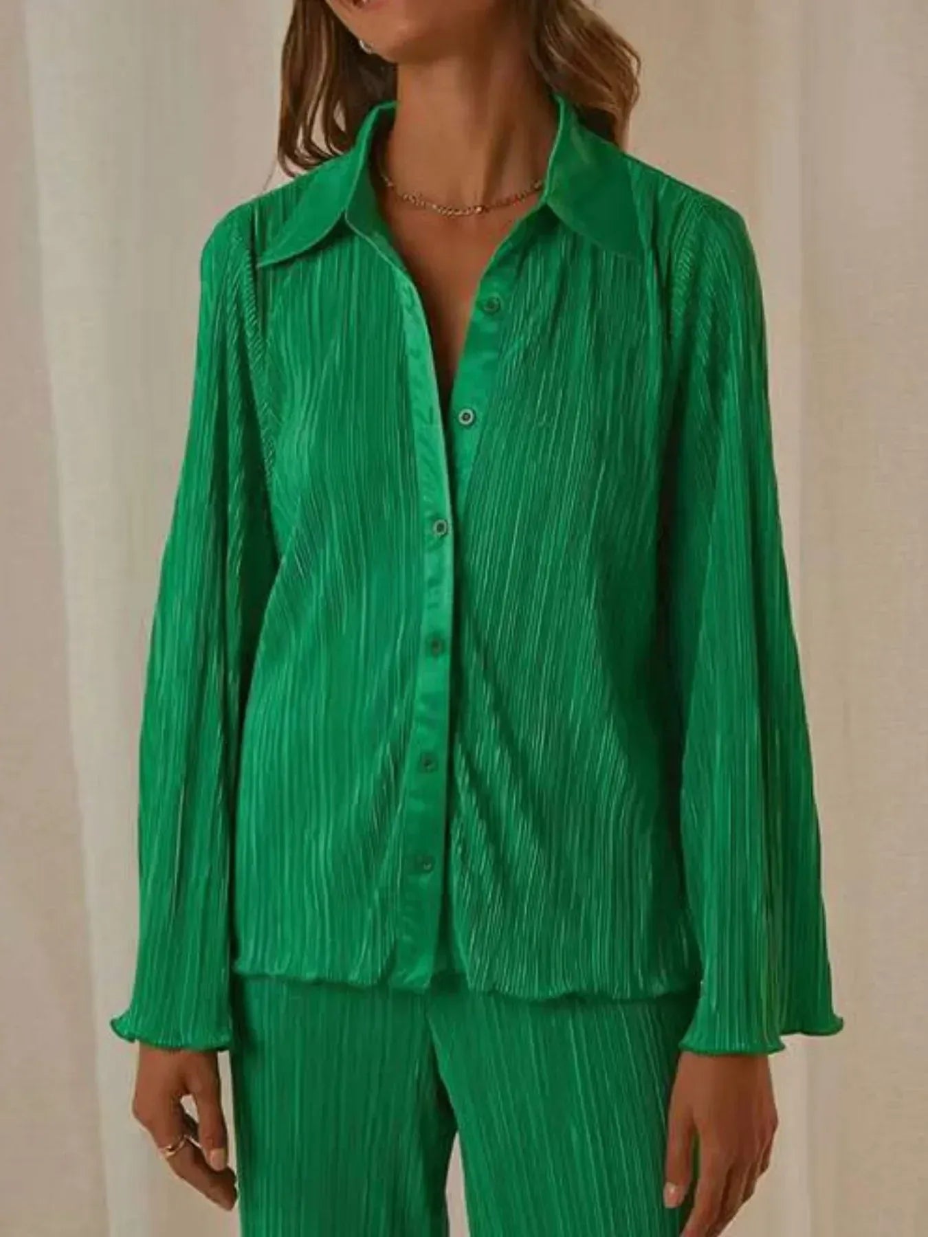 Button Up Long Sleeve Top and Pants Set - DAVERRI FASHIONS