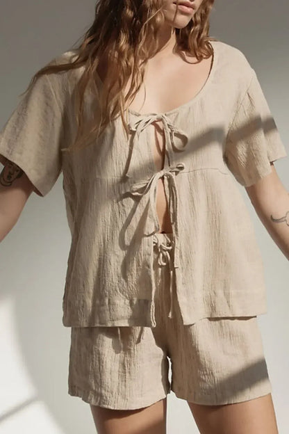 Plaid Tied Scoop Neck Short Sleeve Top and Drawstring Shorts Set - DAVERRI FASHIONS