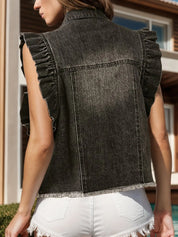 Raw Hem Ruffled Cap Sleeve Denim Jacket | Vest Jackets Daverri Fashions