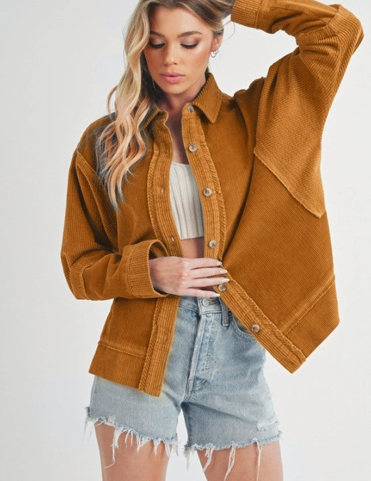 Aemi + Co Side Slit Exposed Seam Button Up Corduroy Jacket Terracotta Jackets