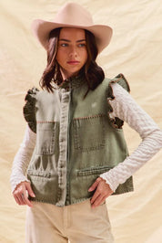 SO ME Washed Denim Stitch Ruffled Hidden Button Vest Top | Daverri Fashions