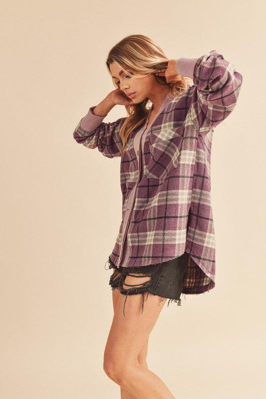 Aemi + Co Side Slit Patch Pocket Plaid Button Down Jacket | Daverri Fashions