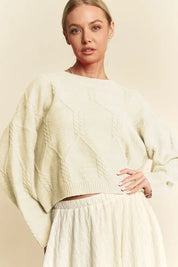 Ivory L Davi & Dani Diamond Cable Pattern Drop Shoulder Sweater | Sweaters Daverri Fashions