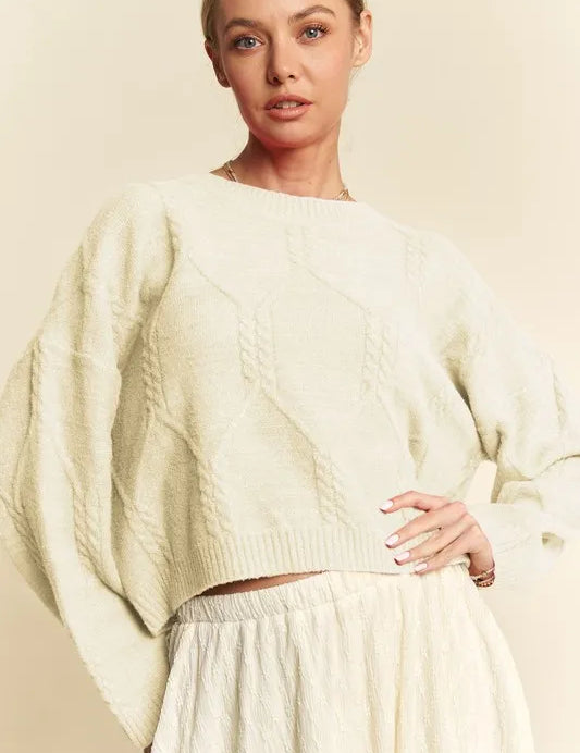 Ivory L Davi & Dani Diamond Cable Pattern Drop Shoulder Sweater | Sweaters Daverri Fashions