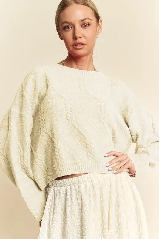 Ivory L Davi & Dani Diamond Cable Pattern Drop Shoulder Sweater | Sweaters Daverri Fashions