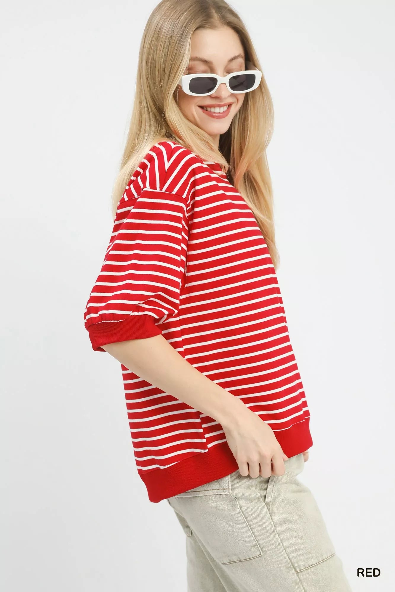 Umgee red and white striped short sleeve pullover sweatshirt