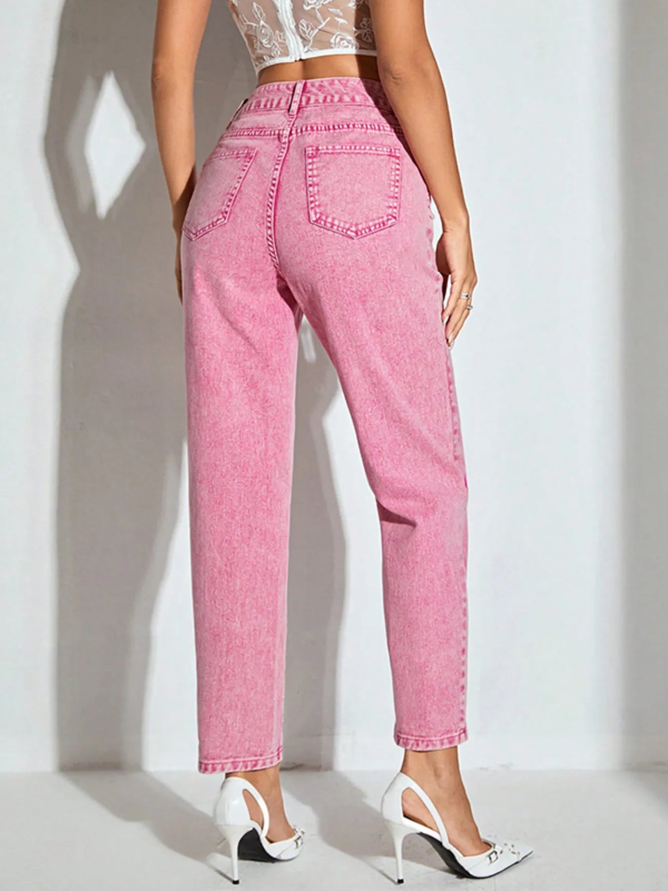 High-Waisted Wash Straight Leg Jeans | Jeans Daverri Fashions