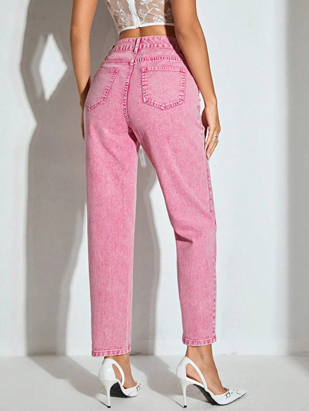 High-Waisted Wash Straight Leg Jeans | Jeans Daverri Fashions