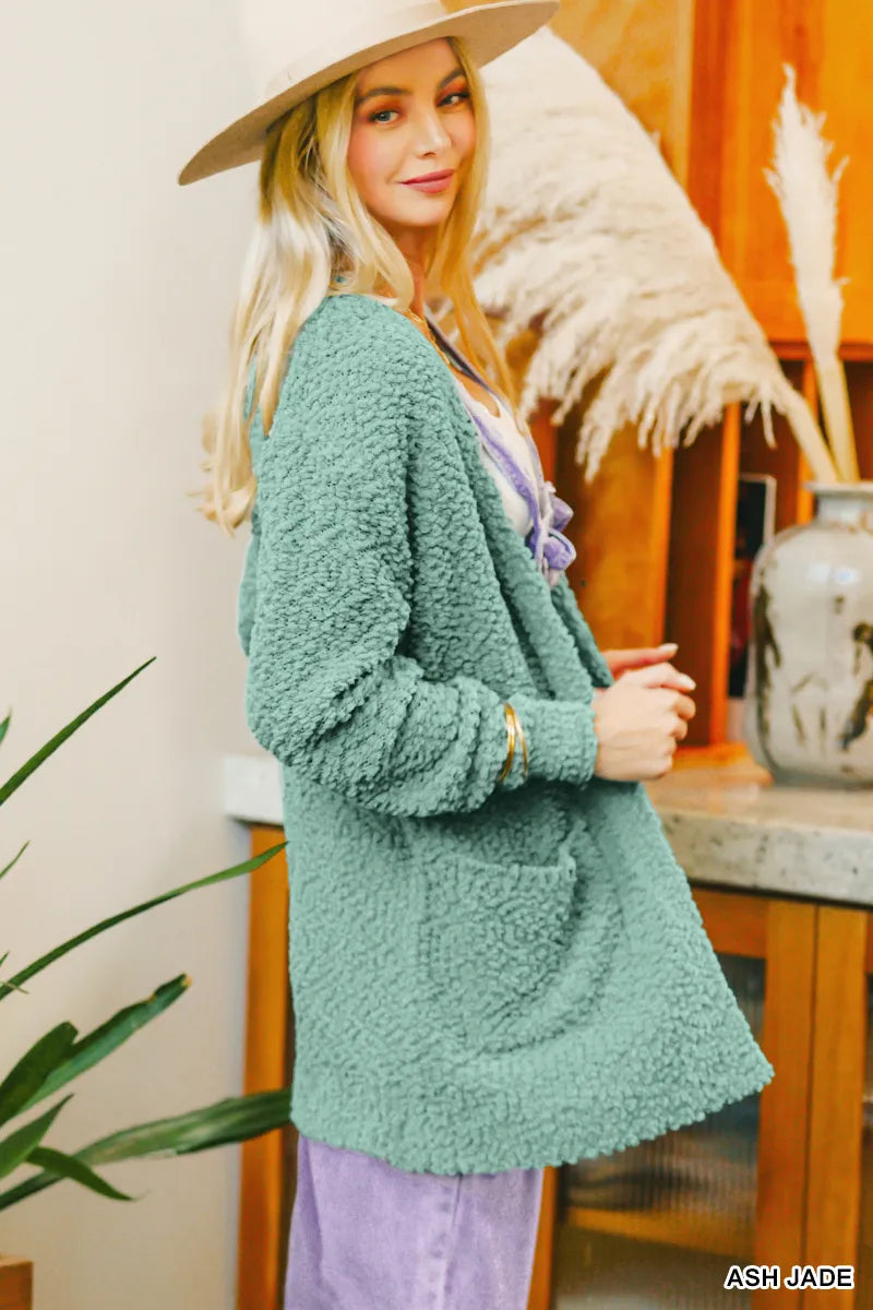 Zenana Long Sleeve Popcorn Sweater Cardigan with Pockets Cardigans