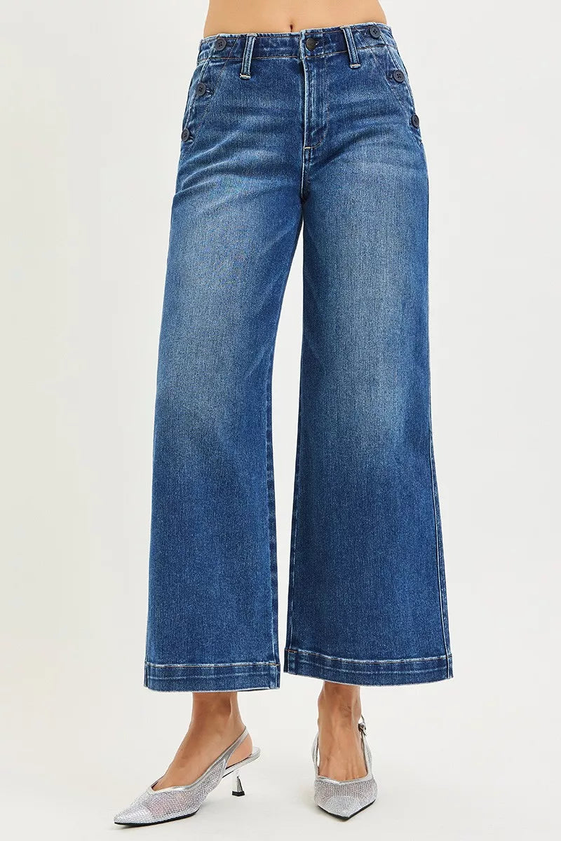 RISEN high-rise wide-leg blue denim jeans with pocket button detail