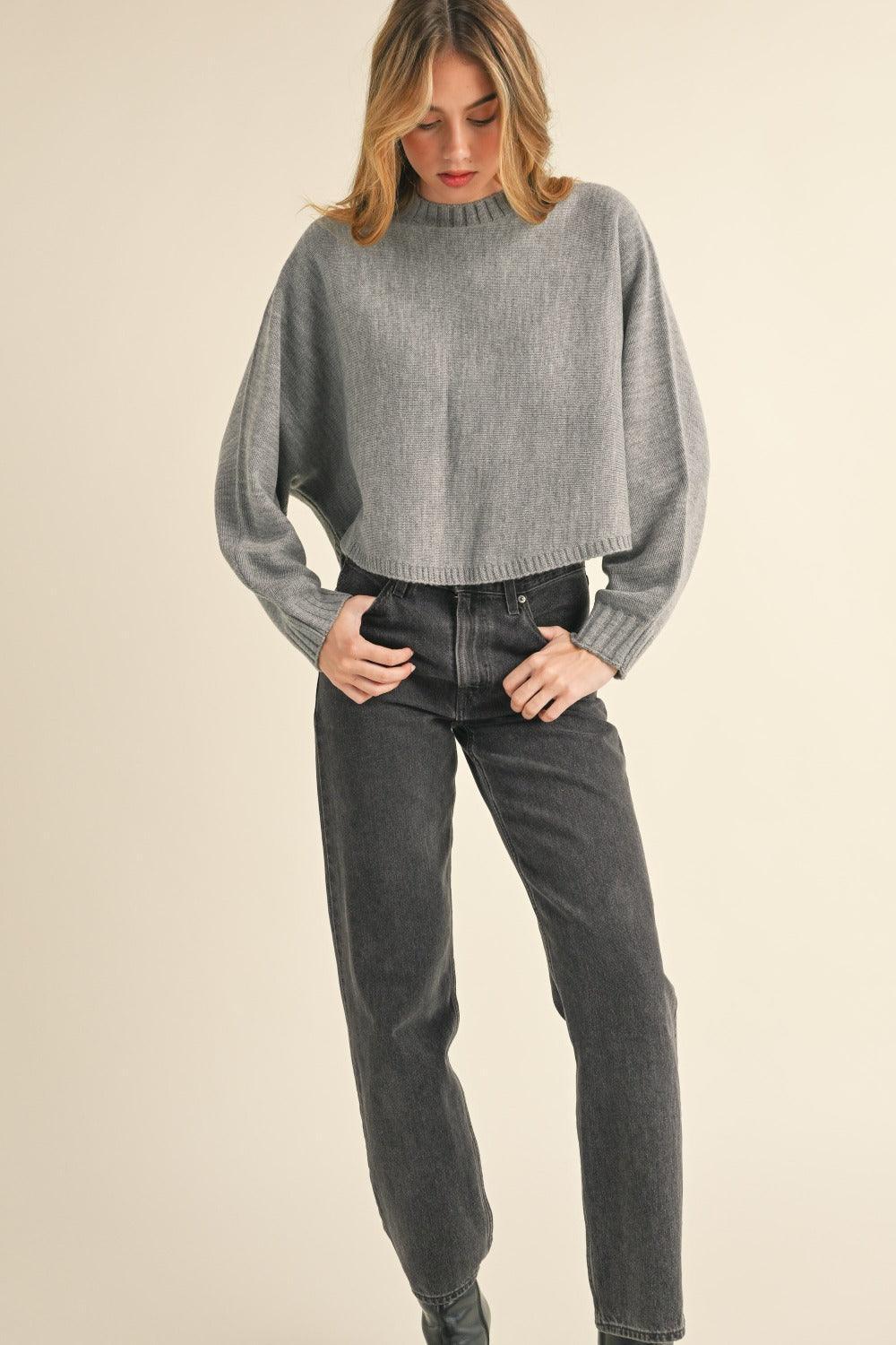 Mable Round Neck Dolman Sleeve Cropped Sweater - DAVERRI FASHIONS