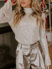 Sequin Mock Neck Bell Sleeve Top | Blouses Daverri Fashions