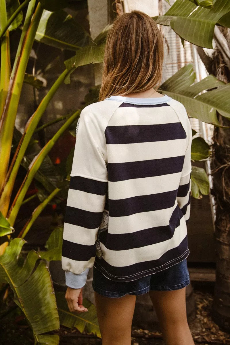 BiBi Patchwork navy-white striped raglan sweatshirt with blue ribbed trim