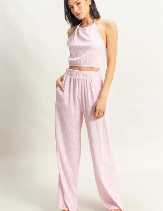 PINK WHITE HYFVE Striped Halter Neck Top and Pants Set | Outfit Sets Daverri Fashions
