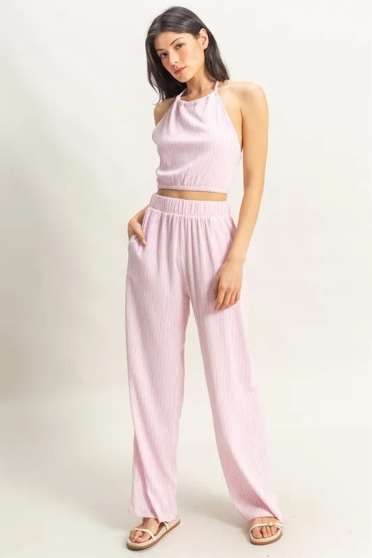 HYFVE Striped Halter Neck Top and Pants Set PINK WHITE