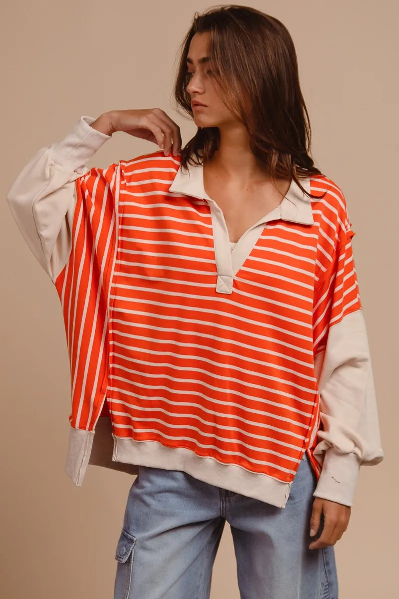 BiBi Stripe Knit Loose Fit Top With Cut Edge Detail Tops