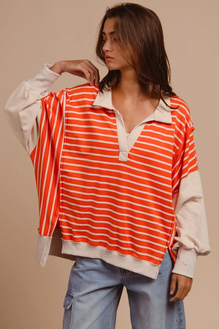 BiBi Stripe Knit Loose Fit Top With Cut Edge Detail Tops