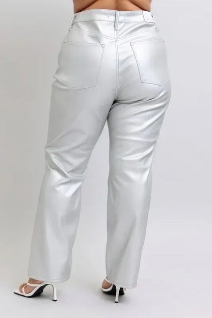 Judy Blue Full Size High Waist Silver Faux Leather Pants Plus Size - DAVERRI FASHIONS