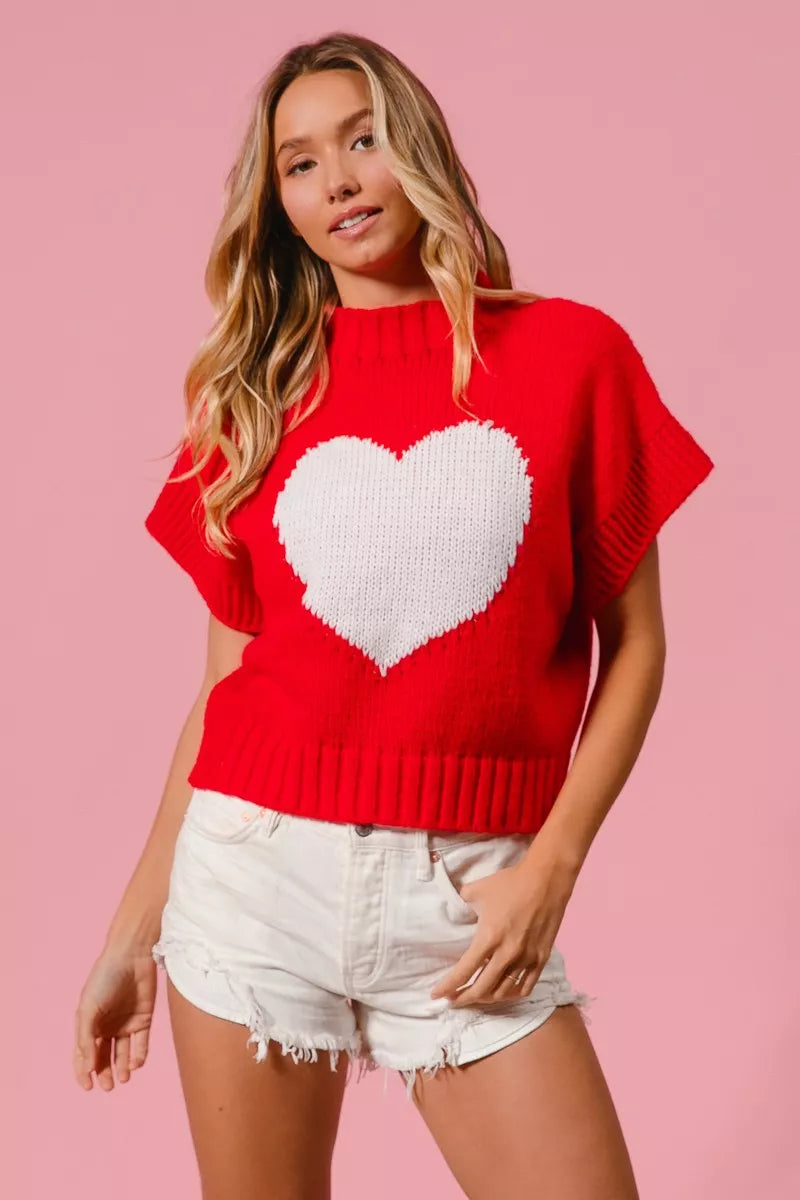 Red BiBi Rib Banded Heart Pattern Valentines Sweater