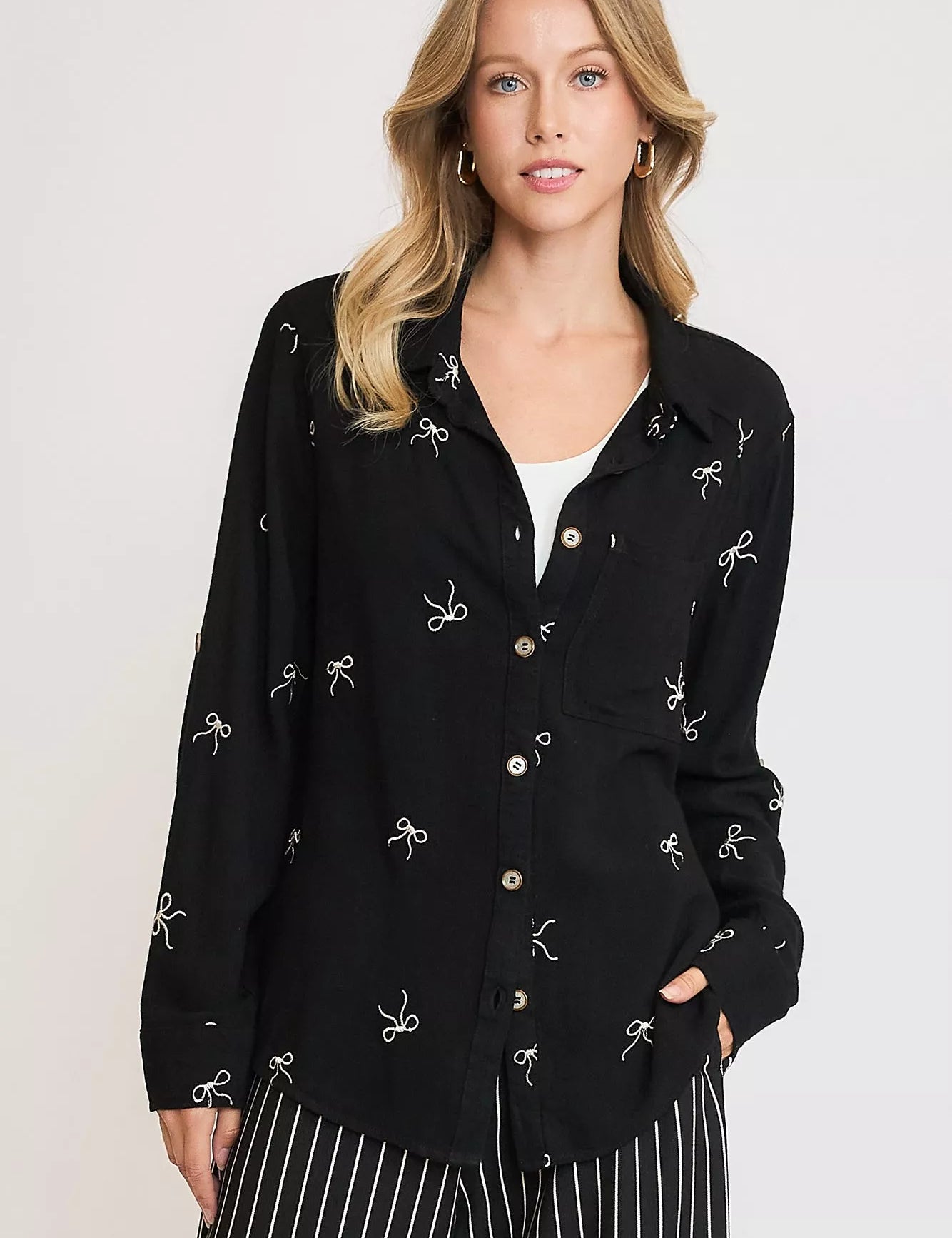 Black Umgee Linen Blend Fitted Shirt with Ribbon Embroidery Details | Shirts Daverri Fashions