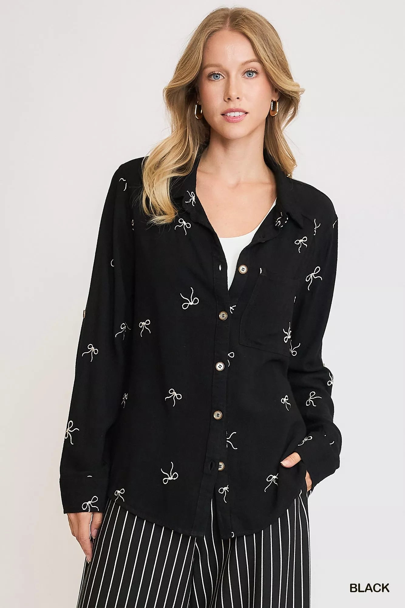 Black Umgee Linen Blend Fitted Shirt with Ribbon Embroidery Details | Shirts Daverri Fashions