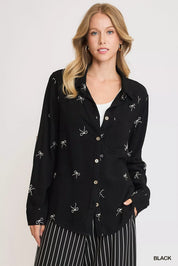 Black Umgee Linen Blend Fitted Shirt with Ribbon Embroidery Details | Shirts Daverri Fashions
